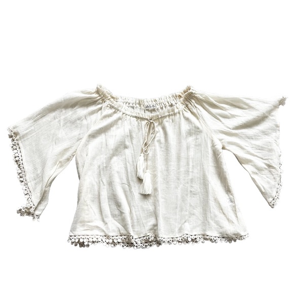 LOVE SHACK FANCY GAUZY SEMI SHEER TASSEL TRIM CREAM TOP BEACHY CHIC BOHO - Picture 10 of 10